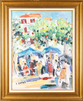 an oil painting of a market scene with people and fruit trees