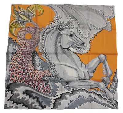 an image of a scarf with a horse and a peacock on it