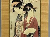 painting of two women in kimono robes holding an umbrella