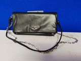 black leather clutch bag with chain strap and winged emblem