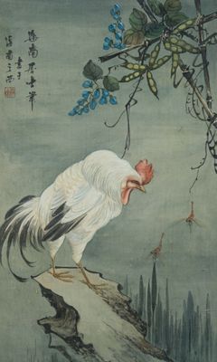 a painting of a rooster standing on a tree branch