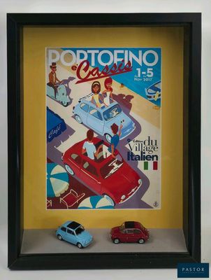 an image of a picture of a couple of cars in front of a poster