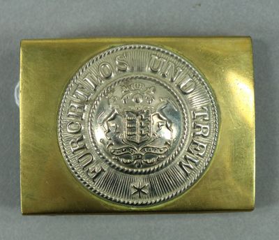 an image of a gold belt buckle with a coat of arms on it