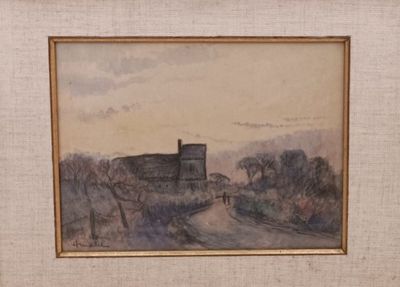 an image of a picture of a painting of a house on a hill