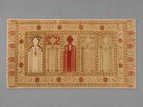 a rug with three women and two men standing in front of a blue background