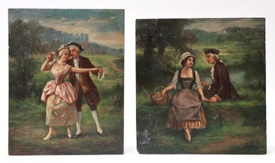 two paintings of a man and a woman with a basket of flowers