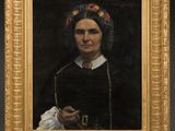 a painting of a woman in a black dress holding a rosary
