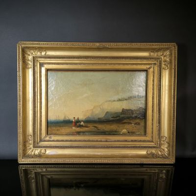 une peinture à l'huile représentant un paysage avec un homme dans un bateau sur l'eau