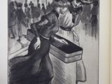 drawing of a woman carrying a suitcase while walking down a street