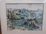 framed picture of a painting of a rocky coast with a lighthouse in the distance