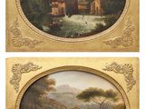 deux tableaux représentant une scène fluviale avec une maison et une cascade