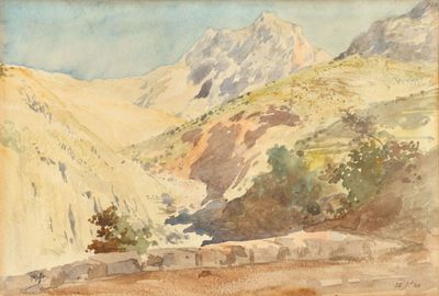 une aquarelle représentant un paysage de montagne avec des moutons