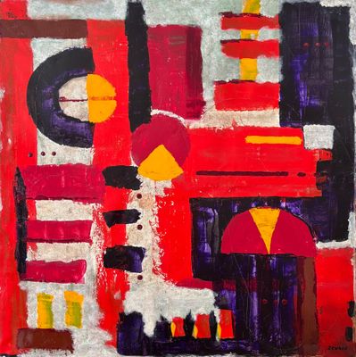peinture représentant un bâtiment rouge devant lequel se trouve un mouton blanc