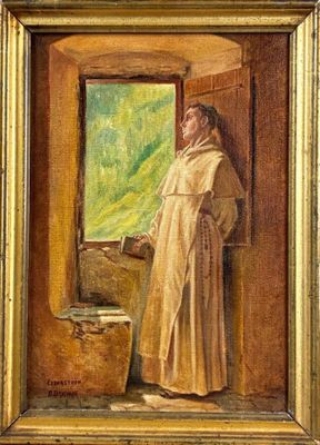 an oil painting of a man standing in a doorway looking out of a window