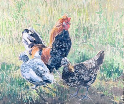 painting of a group of chickens in a field of grass