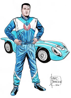 dessin représentant un homme debout à côté d'une voiture de sport bleue