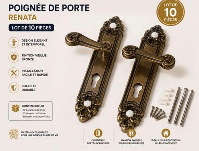 paire de poignées de porte anciennes en laiton, avec vis et écrous