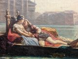 painting of a man and woman in a boat on a river