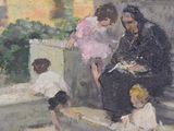 a painting of a woman and two children sitting on a ledge