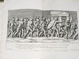 an old book with a drawing of a group of men walking in front of a building