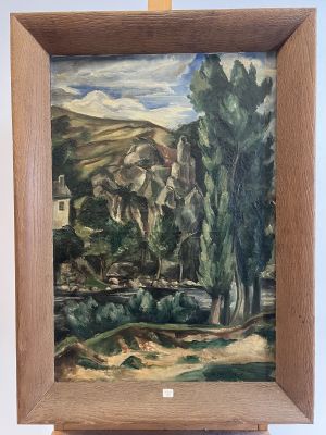 an oil painting of a landscape with trees and mountains in the background