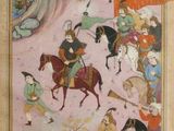 un tableau représentant un homme à cheval, avec un groupe de personnes à bord