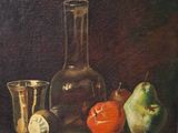 tableau représentant une nature morte composée de fruits et d'un verre posés sur une table