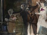 une peinture représentant un groupe de personnes jouant d'un instrument