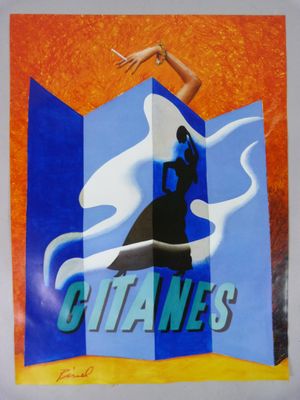 un tableau représentant une femme tenant une cigarette devant un fond bleu et orange