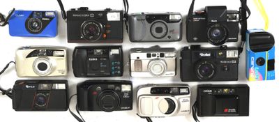 many different types of cameras on a white surface