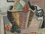 a painting of a bird sitting on a table next to a basket of fruit