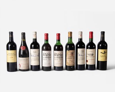 a group of six bottles of wine sitting next to each other