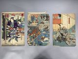 three paintings of a woman riding a bike and a man riding a motorcycle