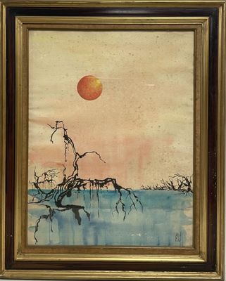 une image représentant un tableau où l'on voit un arbre dans l'eau, avec un soleil rouge en arrière-plan