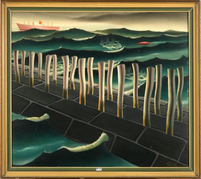 Huile sur panneau "Brise-lames aux cigarettes".