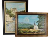 two framed paintings of a church and a country road