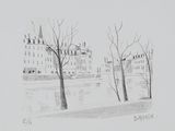 pencil drawing of a view of a river with trees and buildings in the background