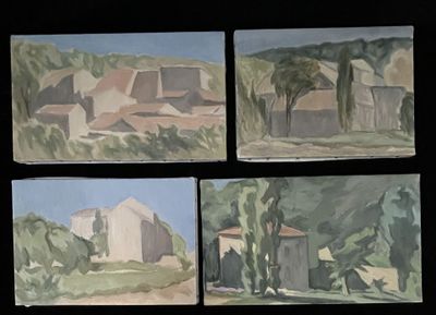 four paintings of a farm with a barn and a barn in the background