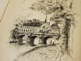 a drawing of a bridge over a river with a building in the background