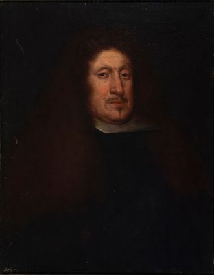 un tableau représentant un homme vêtu d'une robe noire et d'un col blanc