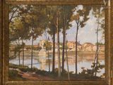 an oil painting of a view of a village by a river