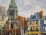painting of boats in a harbor with a church steeple in the background