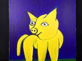 tableau représentant un chat jaune sur fond bleu, avec de l'herbe verte