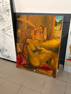 un tableau représentant une femme allongée sur un lit, à côté d'un vase