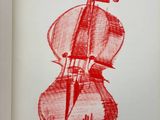 red ink drawing of a cello on a white background