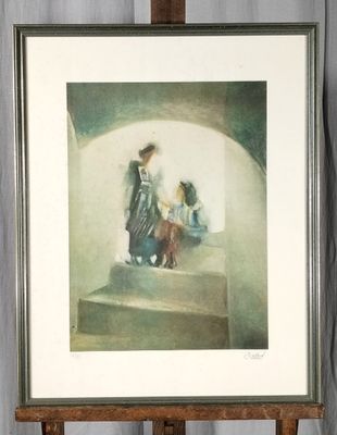 Xyan SEHLI (?). Lithographie. Couple dans un escalier.