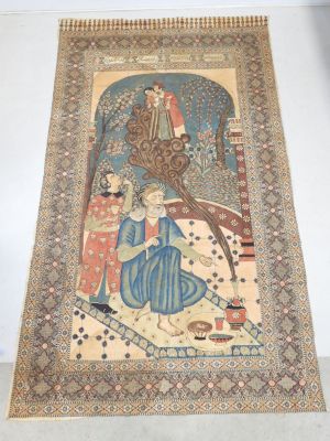 an oriental rug with a painting of a man and a woman on it