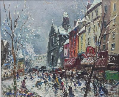 painting of a city street scene with people walking in the snow