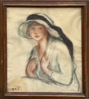 un vieux tableau représentant une femme portant un chapeau blanc et un chapeau noir et blanc