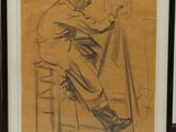 dessin représentant un homme assis sur un tabouret devant un chevalet de dessin